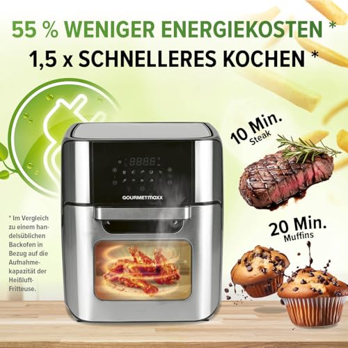 GOURMETmaxx Digitale Heißluftfritteuse 12 L, XXL-Edelstahl-Ofen | Airfryer + Timer, Touchdisplay, Drehspieß | fettarm, energiesparend frittieren | 10 Programme inkl. Pizza | 1800 W