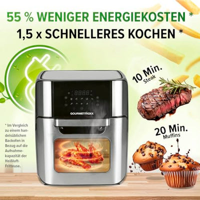 GOURMETmaxx Digitale Heißluftfritteuse 12 L, XXL-Edelstahl-Ofen | Airfryer + Timer, Touchdisplay, Drehspieß | fettarm, energiesparend frittieren | 10 Programme inkl. Pizza | 1800 W