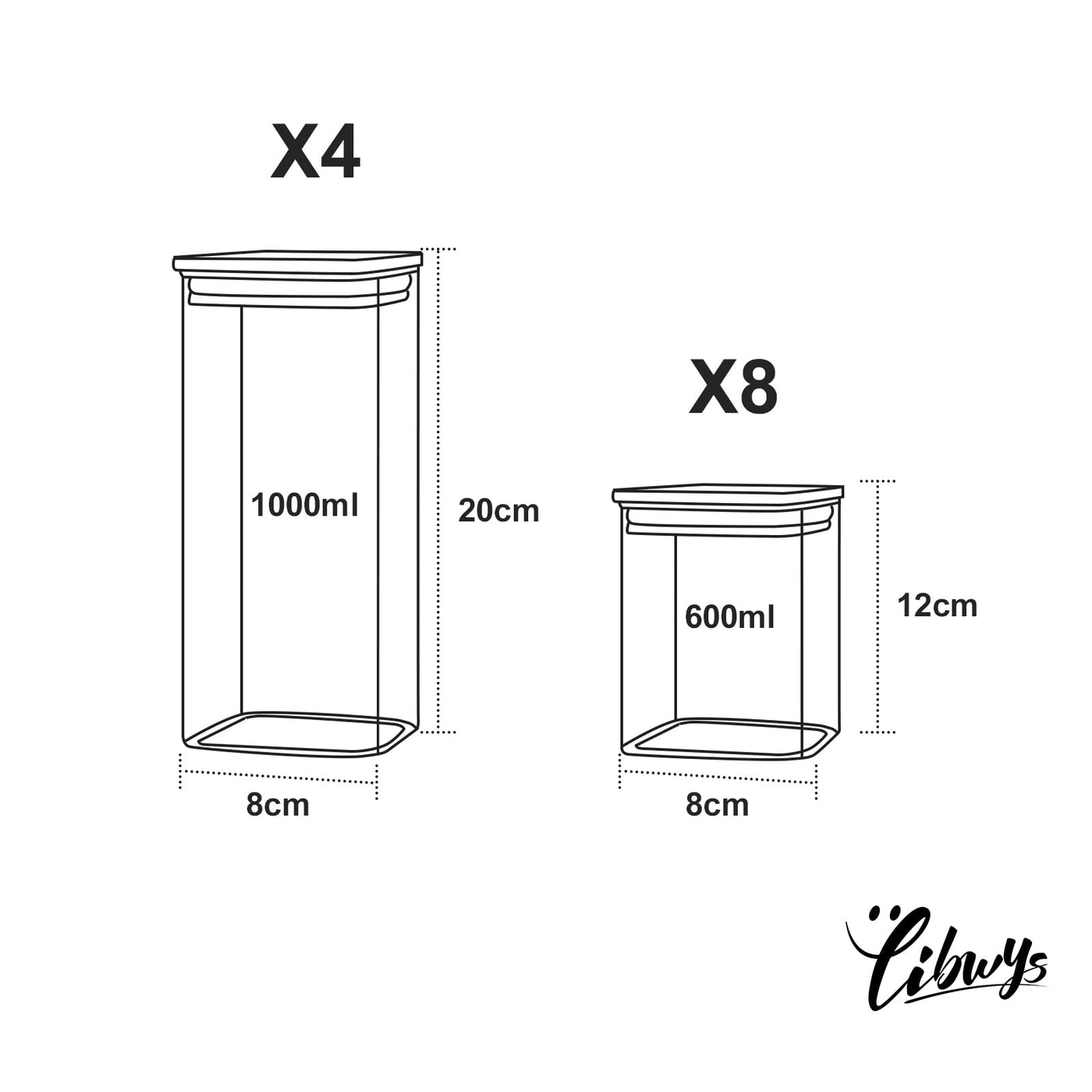 LIBWYS 12er Set Vorratsgläser mit Bambusdeckel Eckig Vorratsdose Glas - in 2 Größen : 1000ml; 600ml