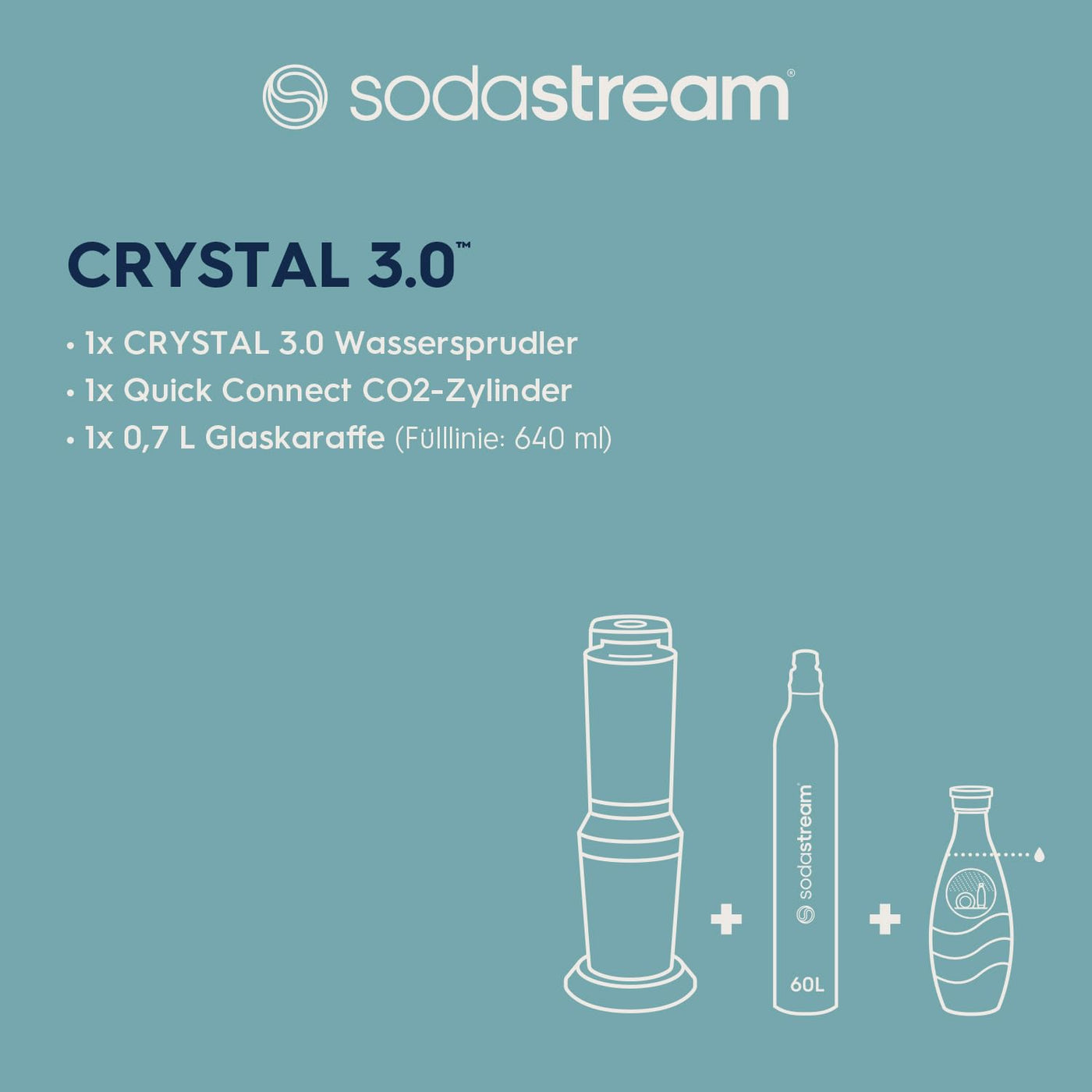 SodaStream Wassersprudler Crystal 3.0 Quick-Connect CO2-Zylinder und 1x Glaskaraffen, Silber, Schwarz/Titan, 45 cm