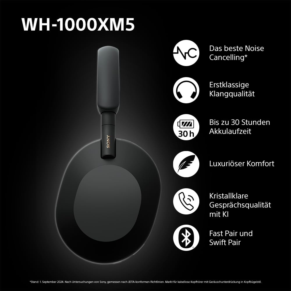 Sony WH-1000XM5 kabellose Bluetooth Noise Cancelling Kopfhörer (30h Akku, Touch Sensor, Headphones Connect App, Schnellladefunktion, optimiert für Amazon Alexa, Headset mit Mikrofon) Schwarz