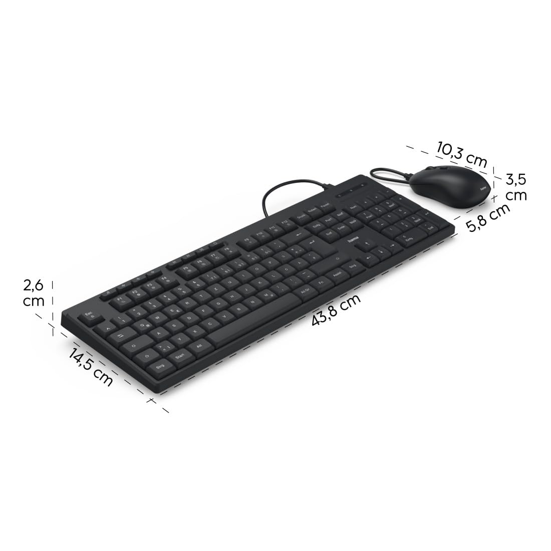 Hama Tastatur Maus Set CKM-200 (USB Tastatur, USB Maus, ergonomisches Tippgefühl, leise Tasten, Kabel abnehmbar, deutsches QWERTZ-Layout, Maus mit dpi Schalter, Multimedia Tasten) schwarz