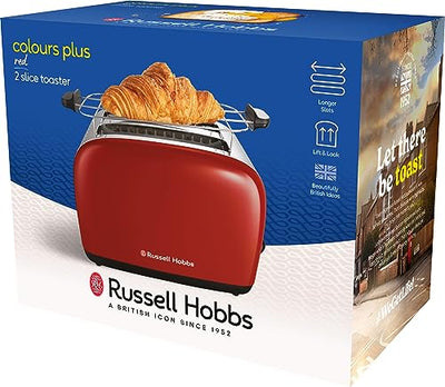 Grille-pain Russell Hobbs [pour 2 tranches] Colours Plus Acier inoxydable Rouge (fentes de toast extra larges, y compris chauffe-petits pains, 6 niveaux de brunissage + fonction décongélation, fonction Lift &amp; Look, 1600 W) 26554-56