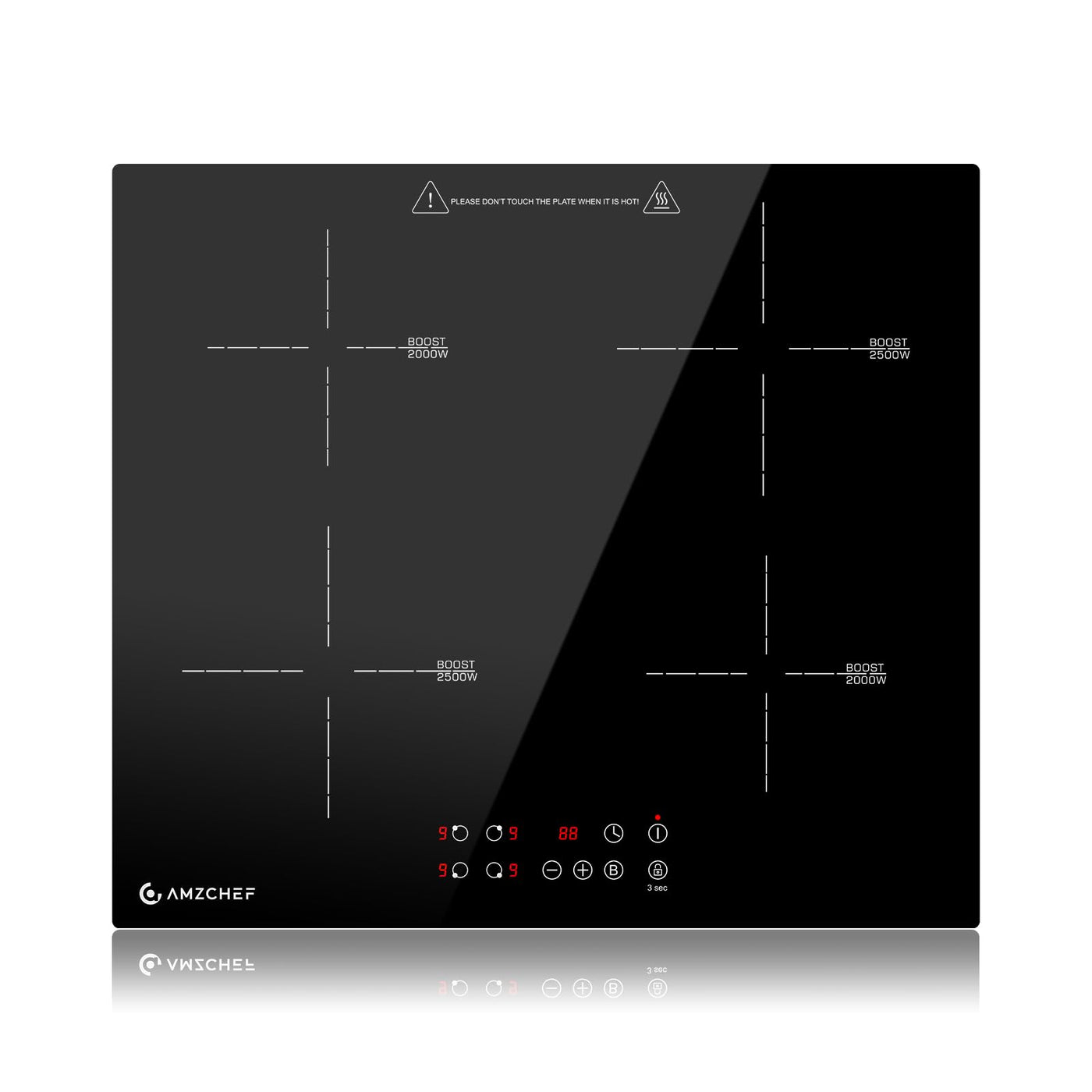 AMZCHEF Induktionskochfeld 60cm, 4 Platten Induktionskochfeld | Einbau Induktionskochplatte | Boost-Funktion | 9 Leistungsstufen | Sicherheitsschloss | Touch-Bedienung | Zeitschaltuhr | 7200W