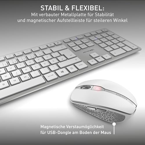 CHERRY DW 9100 SLIM, Kabelloses Tastatur- und Maus-Set, Deutsches Layout (QWERTZ), Bluetooth & 2,4 GHz Funk, Leise Tasten, Wiederaufladbar, Weiß-Silber