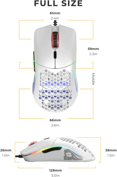 Glorious Gaming Model O Wired Gaming Mouse – superleichtes Wabendesign mit 67 g, RGB-Beleuchtung, Pixart 3360 Sensor, Omron-Schaltern, beidhändig – Mattweiß