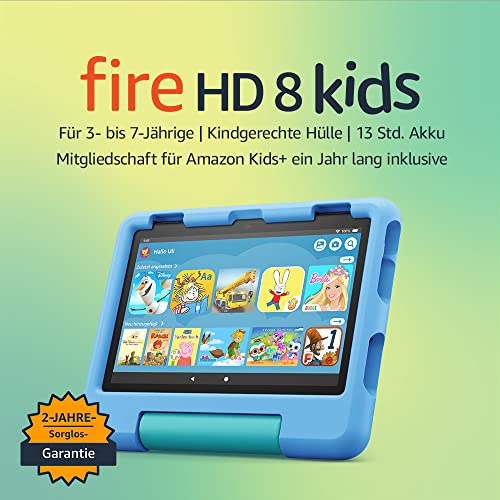 Fire HD 8 Kids-Tablet, 8-Zoll-HD-Display, für Kinder von 3 bis 7 Jahren, 2 Jahre Sorglos-Garantie, kindgerechte Hülle, 32 GB (2022), blau