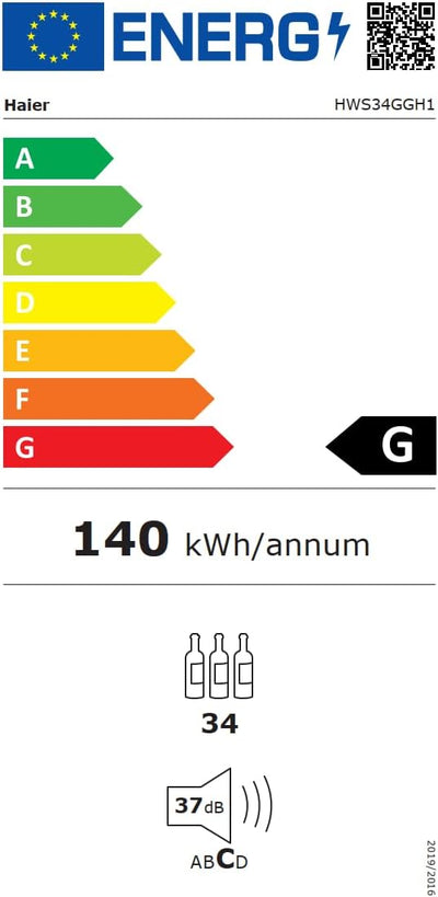 Haier HWS34GGH1 Weinklimaschrank 50 SERIE 3 / Für 34 Flaschen/WiFi & hOn-App / 1 Zone/Vibrationsarmer Kompressor/UV-undurchlässige Glastür / 4 Holzablagen/LED-Beleuchtung