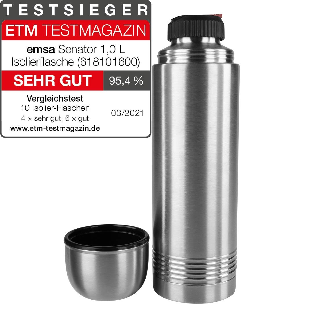 Emsa 618101600 Senator Isolierflasche, Thermosflasche, mobiler Kaffeebecher, 1000ml, Thermobecher, Isolierbecher, Safe Loc Verschluss, edelstahl