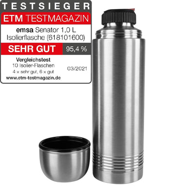 Emsa 618101600 Senator Isolierflasche, Thermosflasche, mobiler Kaffeebecher, 1000ml, Thermobecher, Isolierbecher, Safe Loc Verschluss, edelstahl