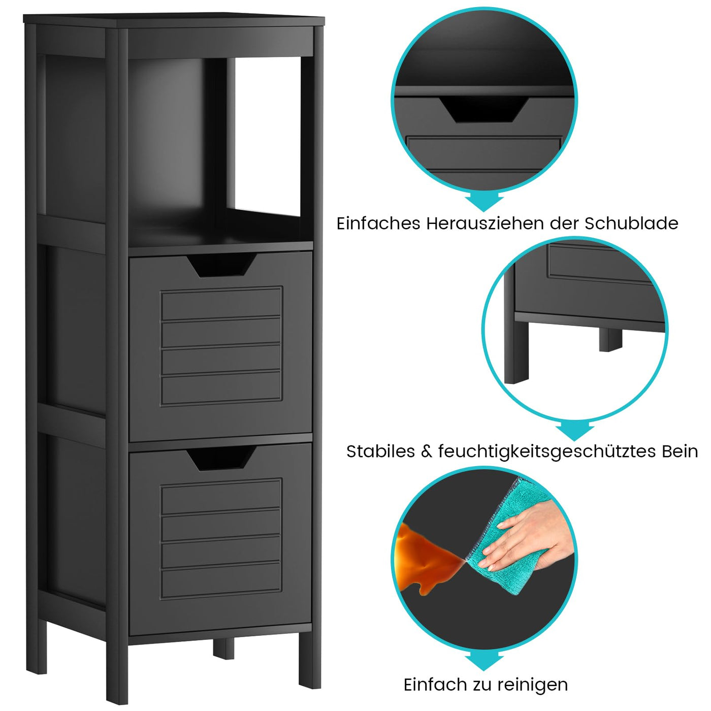 COSTWAY Badkommode mit 2 Schubladen, Badezimmerschrank, Badschrank aus Holz, Badregal für Wohnzimmer Badezimmer, Schwarz, 30 x 30 x 89 cm