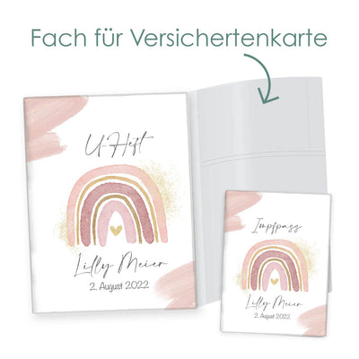 Cozy Racoon U-Heft- und Impfpasshülle mit Personalisierung| 3- teiliges Set | Hochwertige Hülle für Untersuchungsheft und Impfpass Deines Kindes | Wasserfarben Rosa (mit Personalisierung)