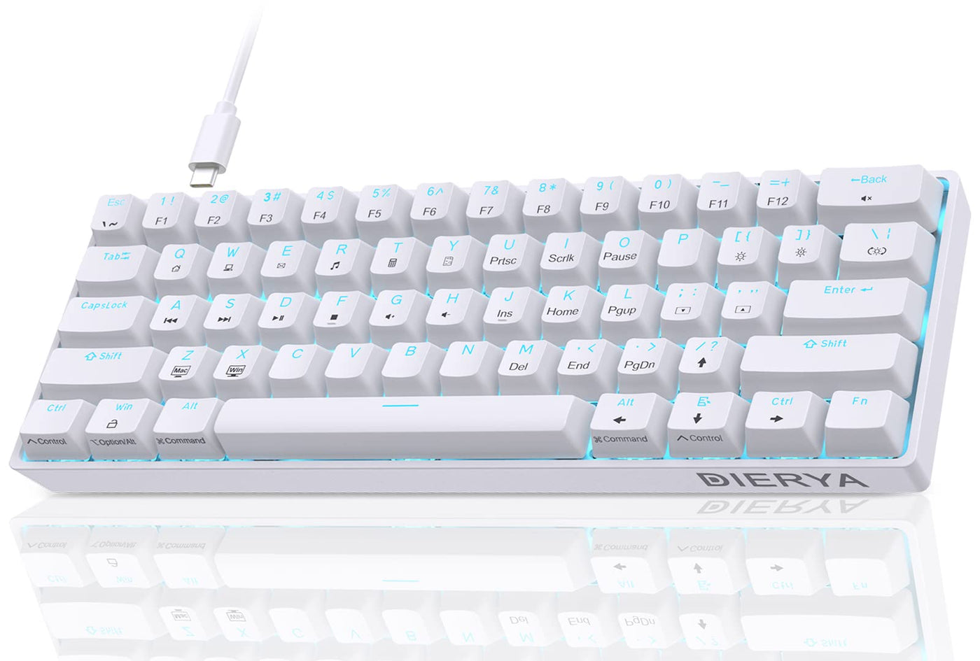 Dierya DK61se Gaming Tastatur,60% Prozent Mechanische Tastatur mit Blue Clicky Switch,Ultra-Compact Mini 61 Tasten Anti-Ghosting,Typ-C-Datenkabel,US Layout für PC Windows Gamer Typist,Weiß