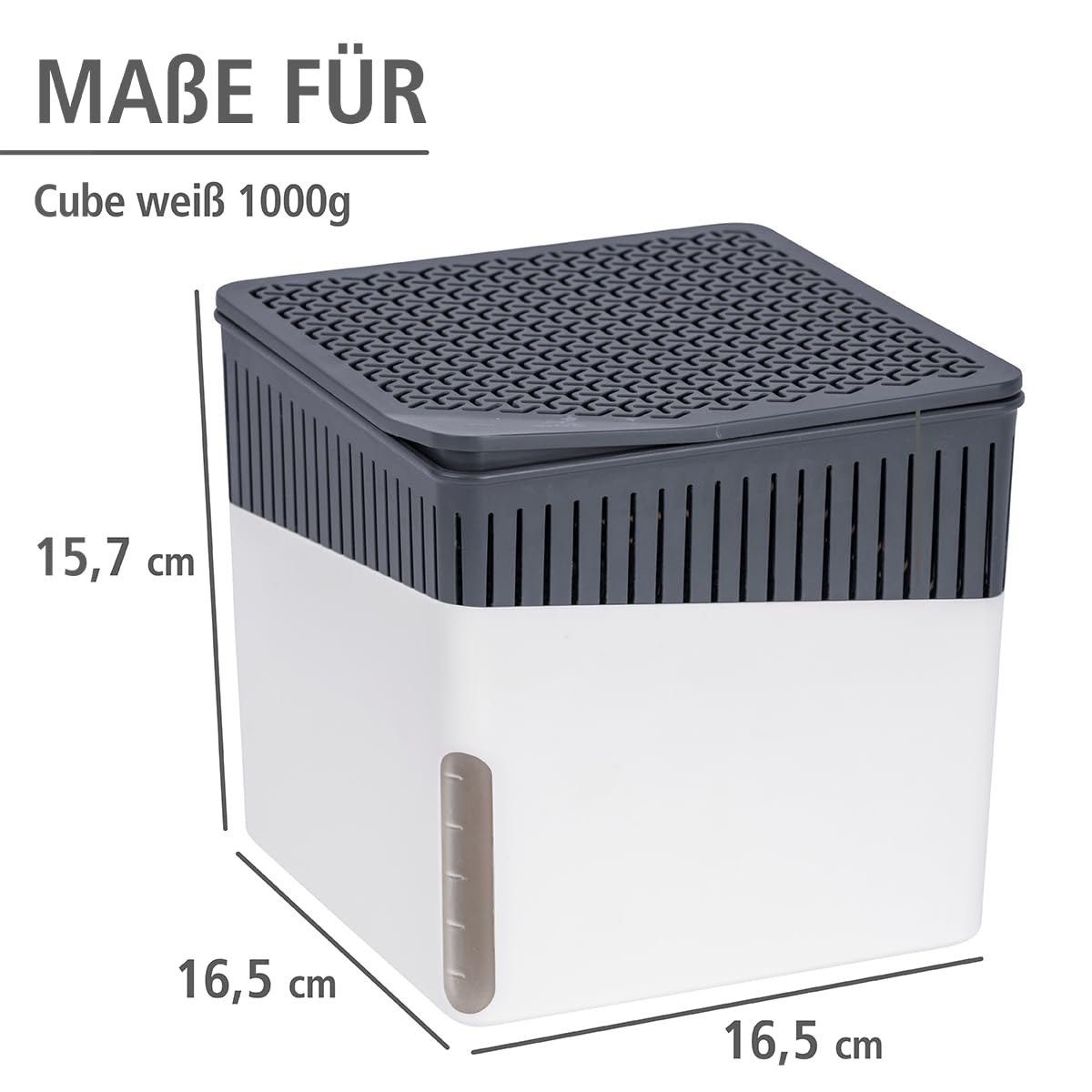 WENKO Raumentfeuchter Mod. Cube, Luftentfeuchter reduziert Schimmel & Gerüche, Auffangschale mit 1 kg Granulatblock nachfüllbar, fasst bis zu 1,6 l Feuchtigkeit, 16,5 x 15,7 x 16,5 cm, Weiß