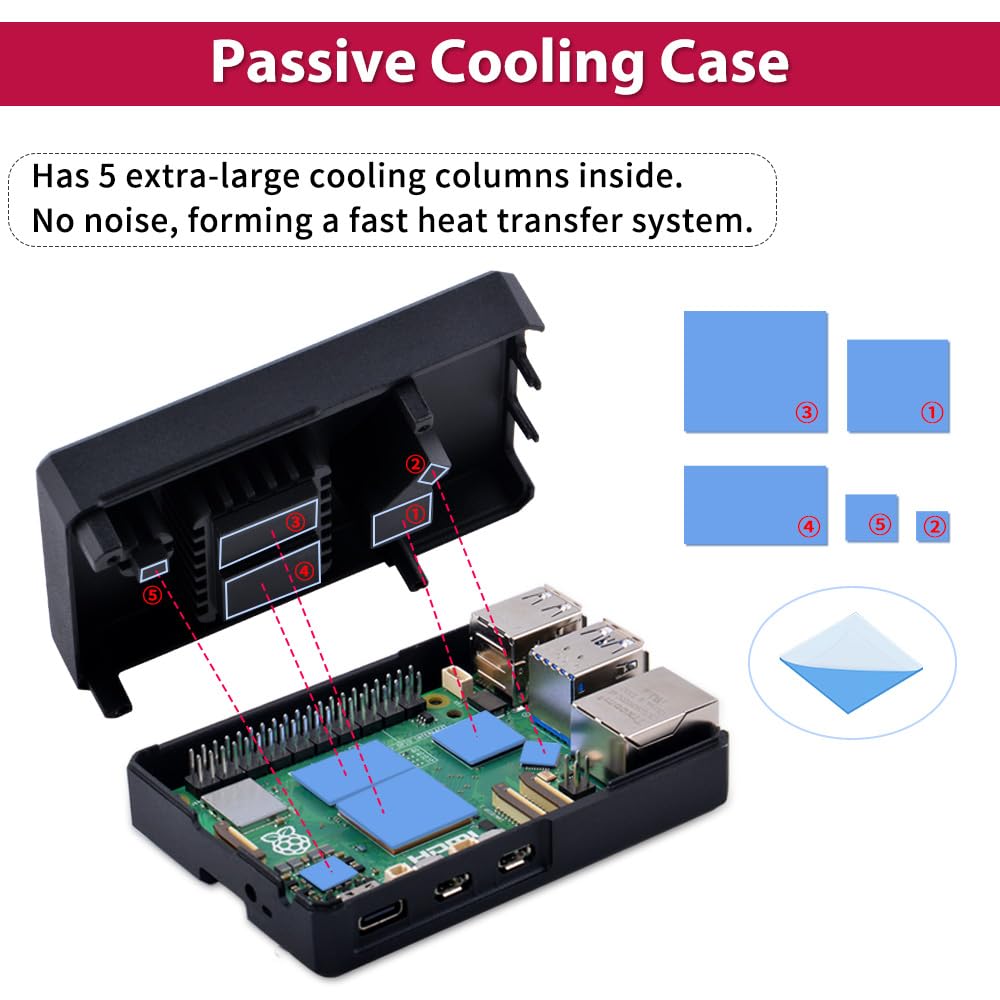 GeeekPi Raspberry Pi 5 Gehäuse,Raspberry Pi 5 Armor Gehäuse mit passiver Kühlung,Raspberry Pi 5 Aluminium Gehäuse Metal Case mit Wärmeleitenden Aufkleber Heatsink Cooler für Raspberry Pi 5 4GB/8GB