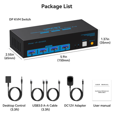 4K120Hz Displayport KVM Switch 2 PC 2 Monitore 8K60Hz DP1.4 KVM-Switches USB 3.0 Dual-Monitor für 2 PC/Laptops Share 4 USB3.0 Ports Support Extended & Copy Mode mit Desktop-Controller und 2 USB-Kabeln