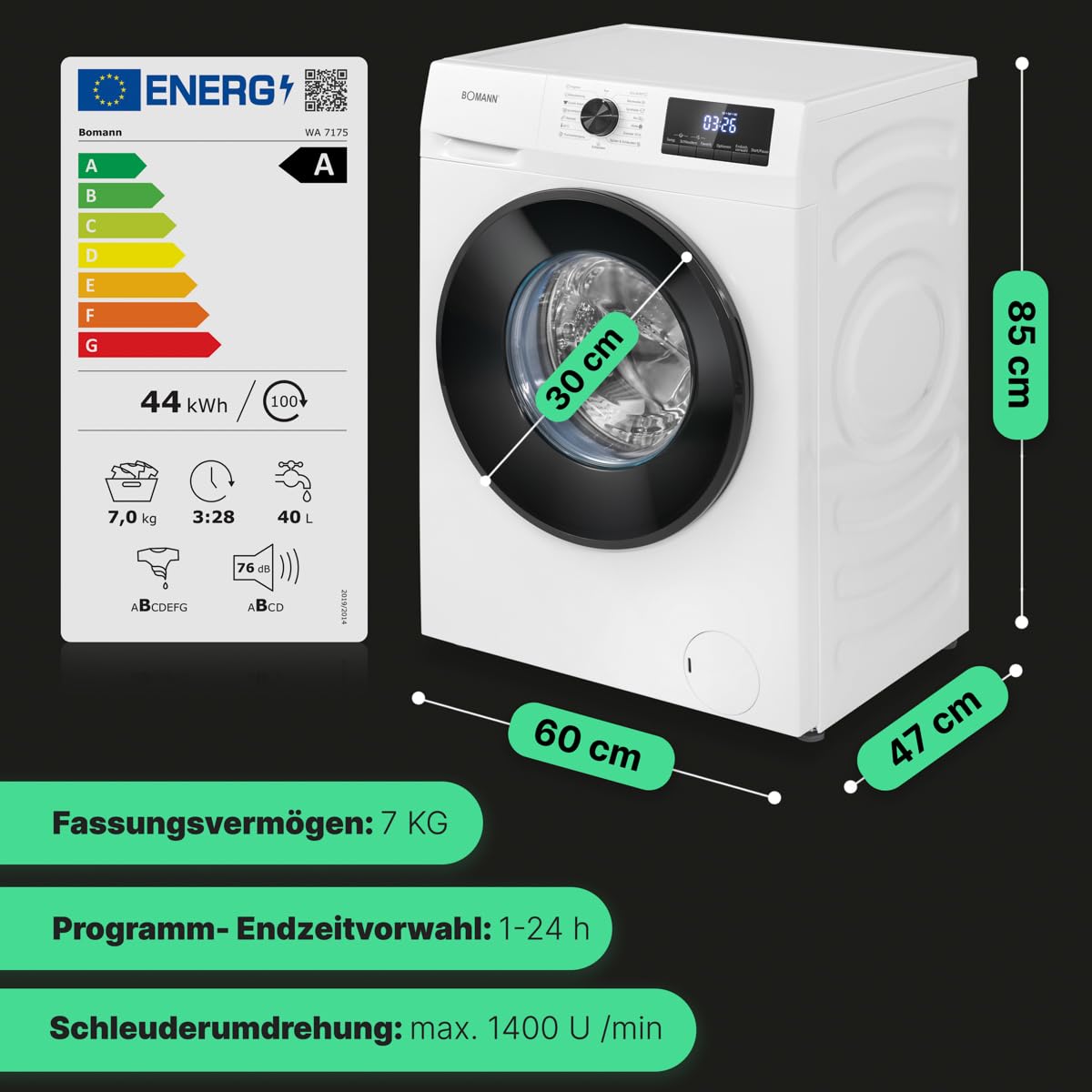 Bomann® Waschmaschine 7kg | max. 1400 U/min | 10 Jahre Motor-Garantie | effizienter, leiser & langlebiger Invertermotor | 15 Programme | Endzeitvorwahl | LED-Display | Washing Machine | WA 7175 weiß