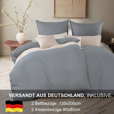 Beqnat Bettwäsche 135x200 4teilig Grau - Weich Bettwäsche-Sets Bettbezug 135 x 200 4tlg Kissenbezug 80x80 2er Set aus Mikrofaser mit Reißverschluss