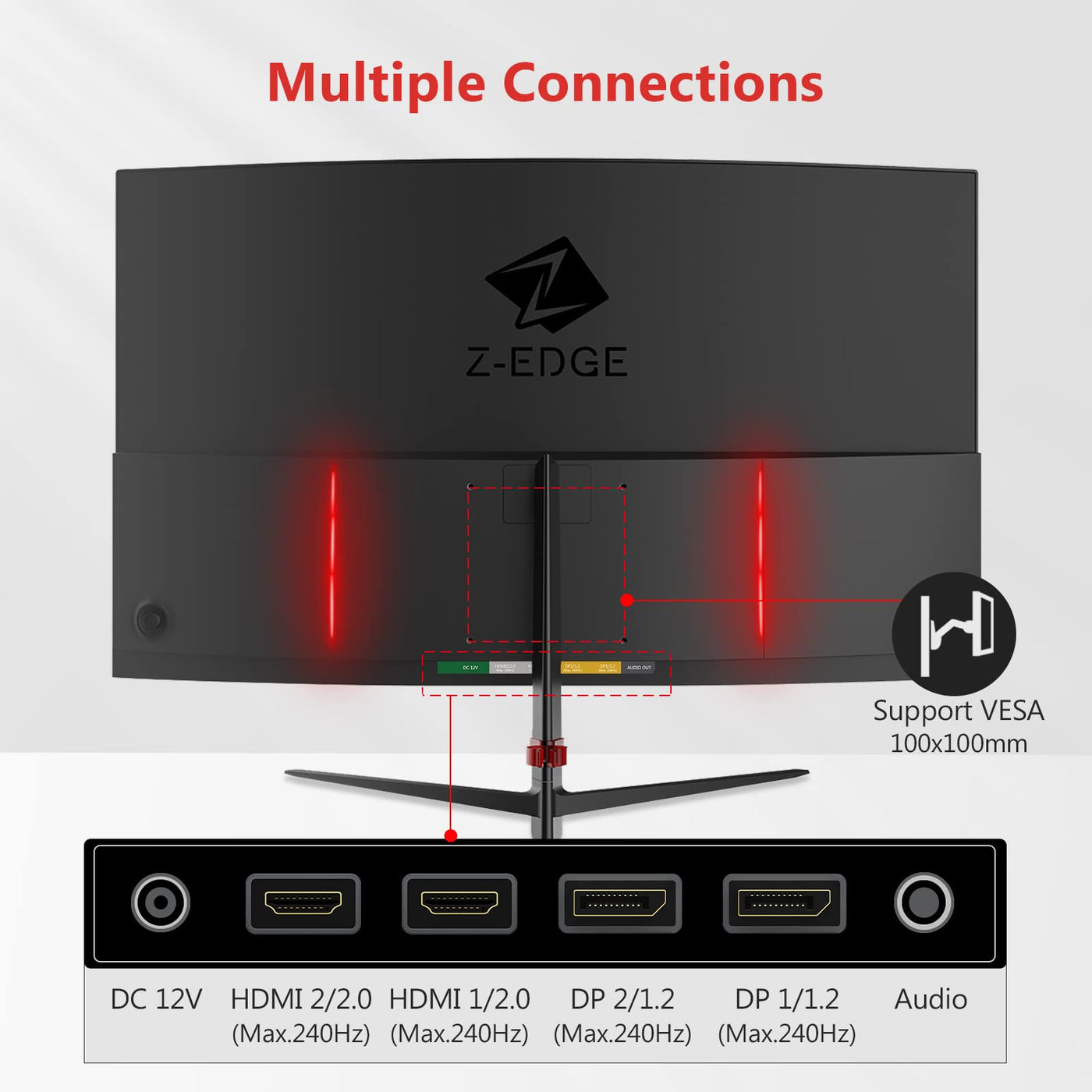 Z-Edge 27 Zoll Curved Gaming Monitor 240Hz 1ms MPRT Full HD LED Monitor, 350cd/m² Helligkeit, 16:9 Curved Bildschirm, FreeSync, HDMI 2.0 & DisplayPort 1.2 - Schwarz