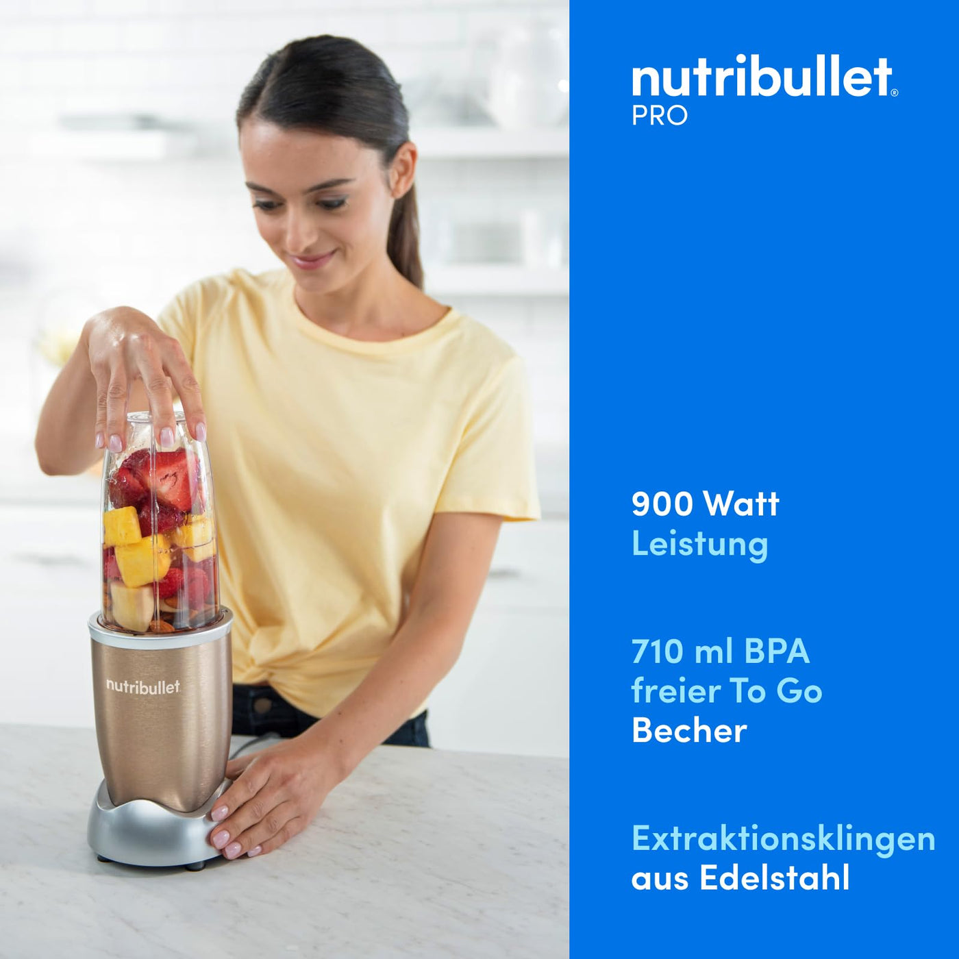 nutribullet Pro, 900 Watt Leistung, Einfach und schnell in der Anwendung, Kompakt, Leicht zu reinigen, Mit 700 ml Becher, Smoothiemixer, Smoothie Maker, Elektrischer Mixer, NB904CP