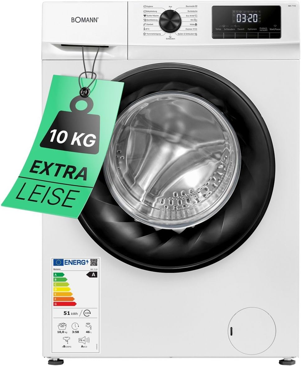 Bomann® Waschmaschine 10kg | max. 1400 U/min | 10 Jahre Motor-Garantie | effizienter, leiser & langlebiger Invertermotor | 15 Programme | Endzeitvorwahl | LED-Display | Washing Machine WA 7110