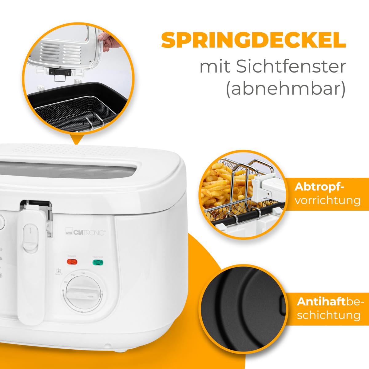 Clatronic® Fritteuse mit 2,5L Kapazität | Friteuse mit Fett | Friteuse Öl mit Geruchs- und Fettdunstfilter & Antihaft-Ölbehälter | Stufenlos regelbarer Thermostat | Fritteuse mit Öl - FR 3771