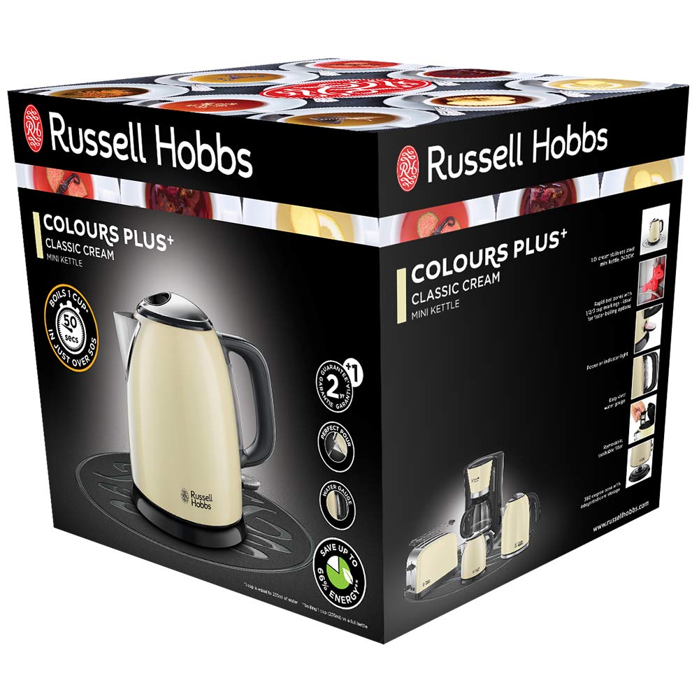 Russell Hobbs Wasserkocher [1,0l] Colours+ Edelstahl Creme (2400W, Schnellkochfunktion, herausnehmbarer Kalkfilter, außenliegende Wasserstandsanzeige,kleiner Reisewasserkocher)Teekocher 24994-70