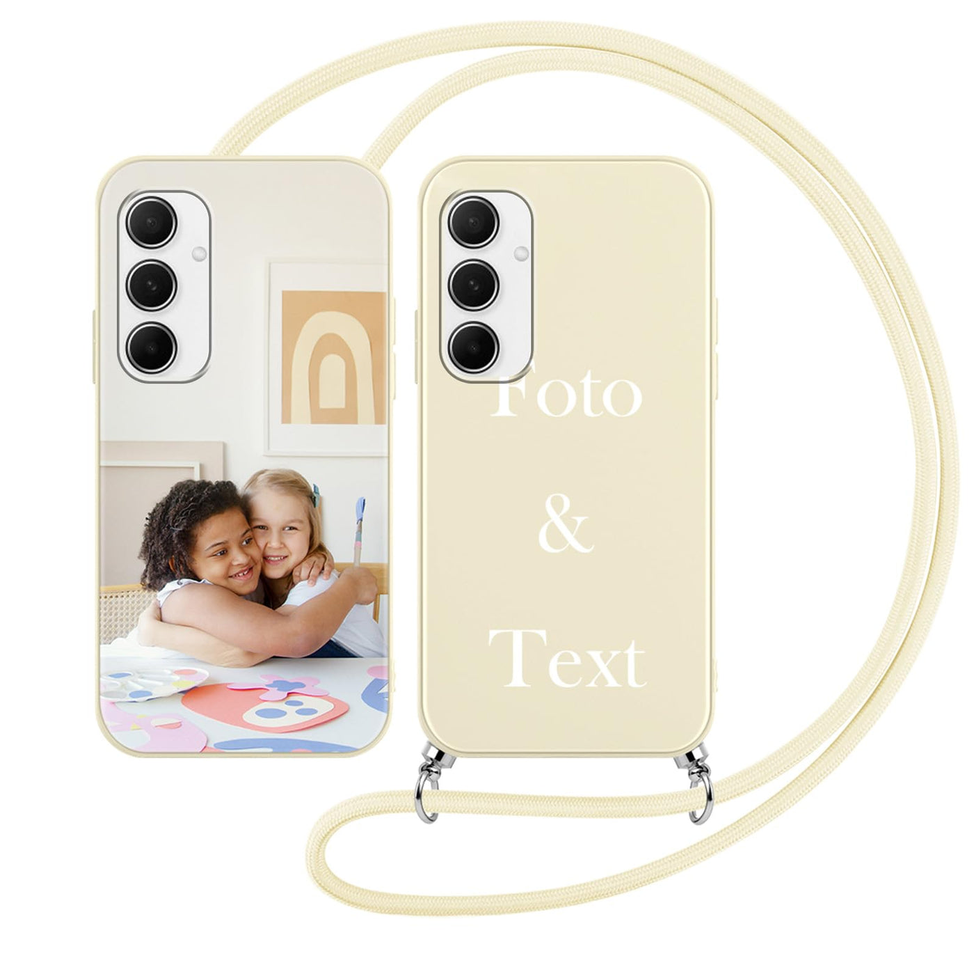 Yoedge Handykette Personalisierte Handyhülle für Samsung Galaxy A55 5G Beige Hülle mit Band Kordel 6,5", Selbst Gestalten/personalisiert mit Foto Bild Text Individuelle Partner Schutzhülle Cover