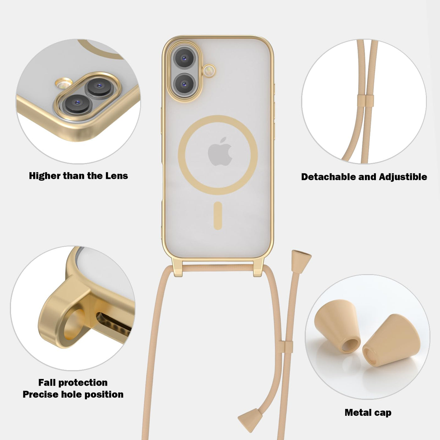 YIRSUR Handykette für iPhone 16 Plus Hülle mit Band Und 2 Schutzfolie, [Kompatibel mit Magsafe] Magnetische Transparent Silikon Necklace Handyhülle Abnehmbar Stoßfest Schutzhülle mit Kordel- Golden