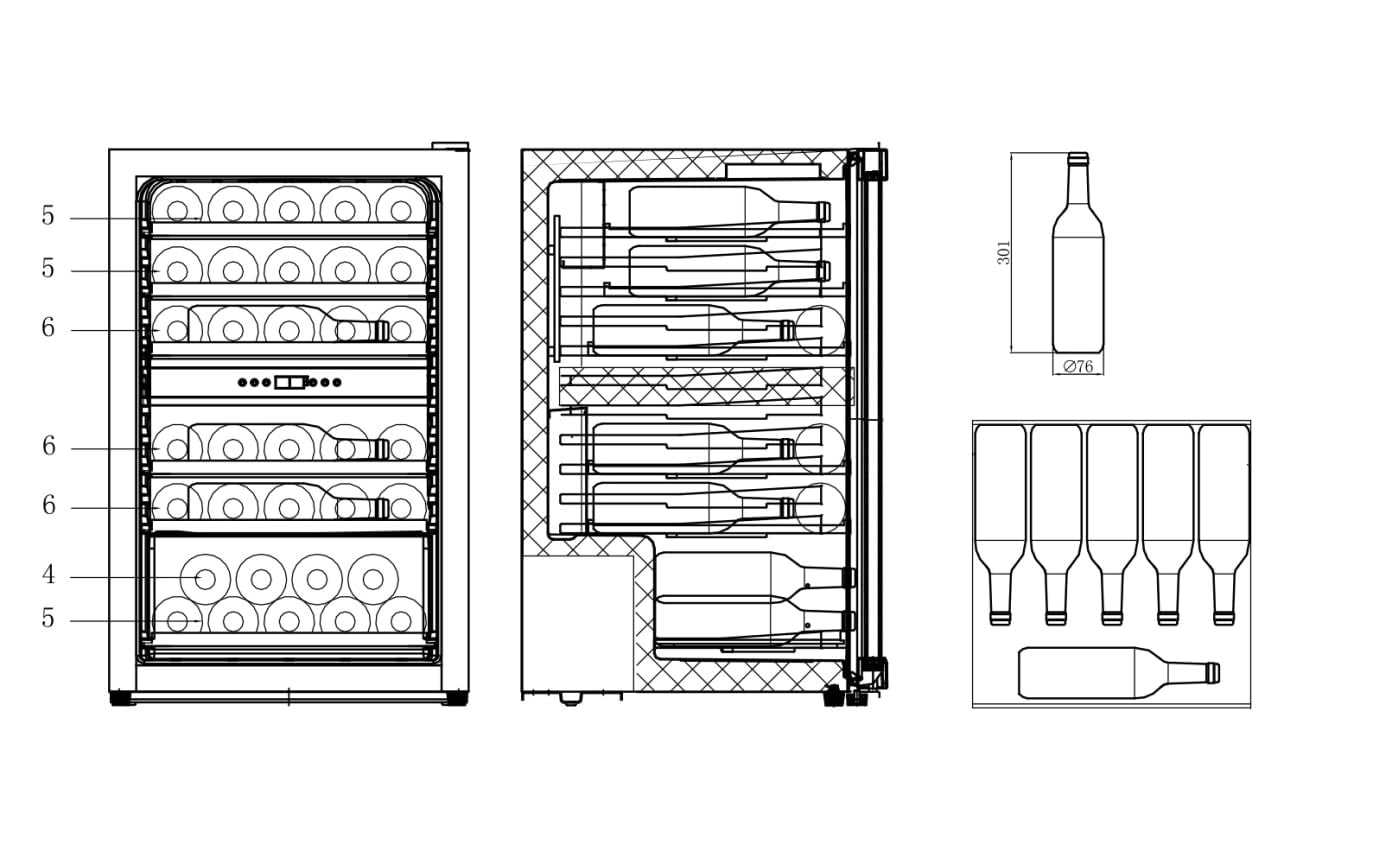 CAVIN Polar Collection 51 - Weinkühlschrank, 37 Flaschen, 2 Temperaturzonen 4-22°C, Holzregalböden, Kompressor, Glastür mit UV-Schutz, schwarzer Weinkühlschrank mit zwei Zonen