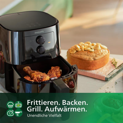 Philips Essential Airfryer Heissluftfriteuse - 4,1-Liter-Pfanne, Fritteuse Ohne Öl, Rapid Air Technologie, HomeID-App, Zeit- Und Temperaturkontrolle, Schwarz (HD9200/90)