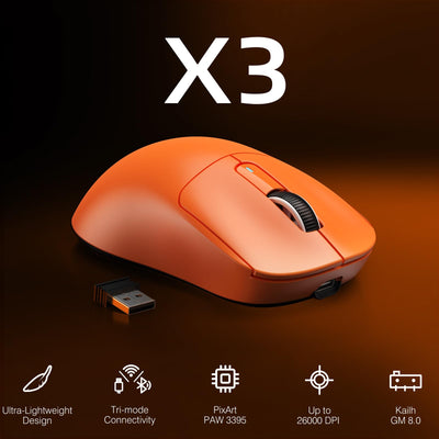 VGN GAMEPOWER x Attack Shark X3 Superlight Kabellose Gaming-Maus, 49g Ultraleicht Mouse, 26000DPI, PixArt PAW3395, 2.4G/BT/Kabelgebunden, PTFE Feet, Bis zu 200 Std. Akku, G502, PC/Xbox/PS/Mac, Orange