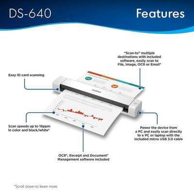 Brother DS-640 Kompakter mobiler Dokumentenscanner (Modell: DS640), 3,8 x 5,1 x 30,2 cm