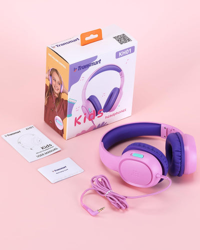 Tronsmart KH01 Kopfhörer Mit Kabel Kinder, Faltbarer Kopfhörer Kinder, 85/93 dBA Lautstärkebegrenzung, Stereo Sound, Kopfhörer Kinder Mit Kabel, Einstellbar, für Zum Lernen Und Zur Unterhaltung, Rosa