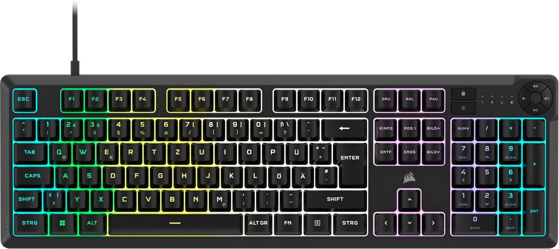 Corsair K55 CORE RGB Membran Kabelgebundene Gaming-Tastatur – Leise, Reaktionsschnelle Schalter – Spritzwasserschutz – Zehn-Zonen-RGB – Medientasten – iCUE-Kompatibel – QWERTZ DE – PC, Mac – Schwarz