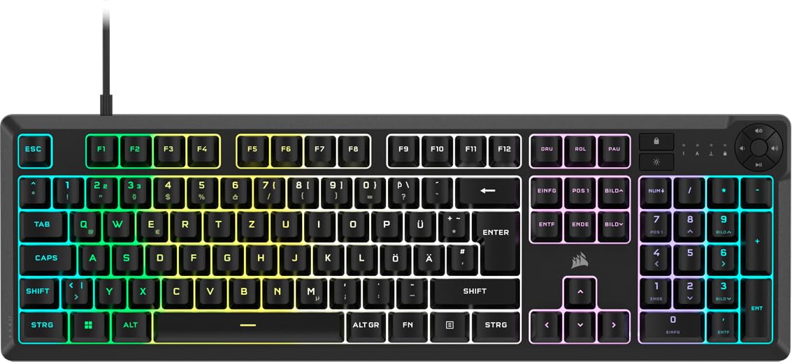 Corsair K55 CORE RGB Membran Kabelgebundene Gaming-Tastatur – Leise, Reaktionsschnelle Schalter – Spritzwasserschutz – Zehn-Zonen-RGB – Medientasten – iCUE-Kompatibel – QWERTZ DE – PC, Mac – Schwarz