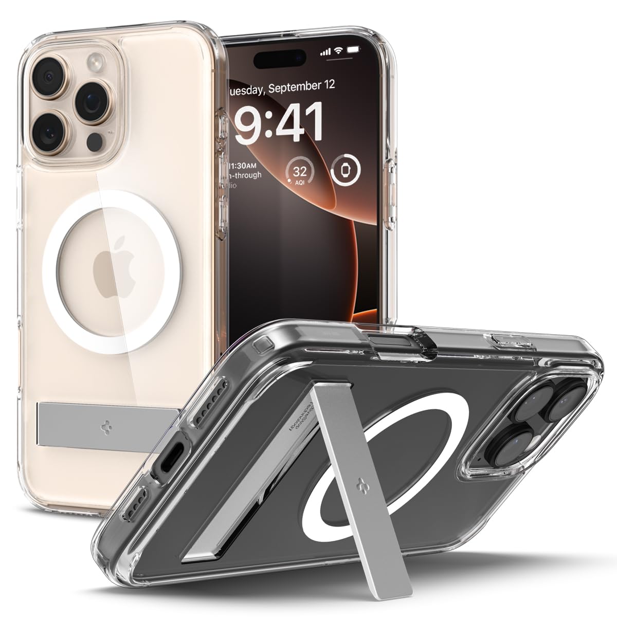 Spigen [All-in-One Ständer für iPhone 16 Pro Hülle Ultra Hybrid S MagFit für MagSafe [Verbesserte Magnestärke] Stoßfest Kratzfest Handyhülle Case -Crystal Clear