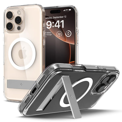 Spigen [All-in-One Ständer für iPhone 16 Pro Max Hülle Ultra Hybrid S MagFit für MagSafe [Verbesserte Magnestärke] Stoßfest Kratzfest Handyhülle Case -Crystal Clear