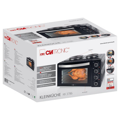 Clatronic® Mini-Backofen mit Kochplatten und Drehspieß | gleichzeitig kochen u. backen | Minibackofen 28L Umluft Ober-/Unterhitze 100°-230°C | Elektrischer Mini Ofen 3100 Watt inkl. Zubehör | KK 3786