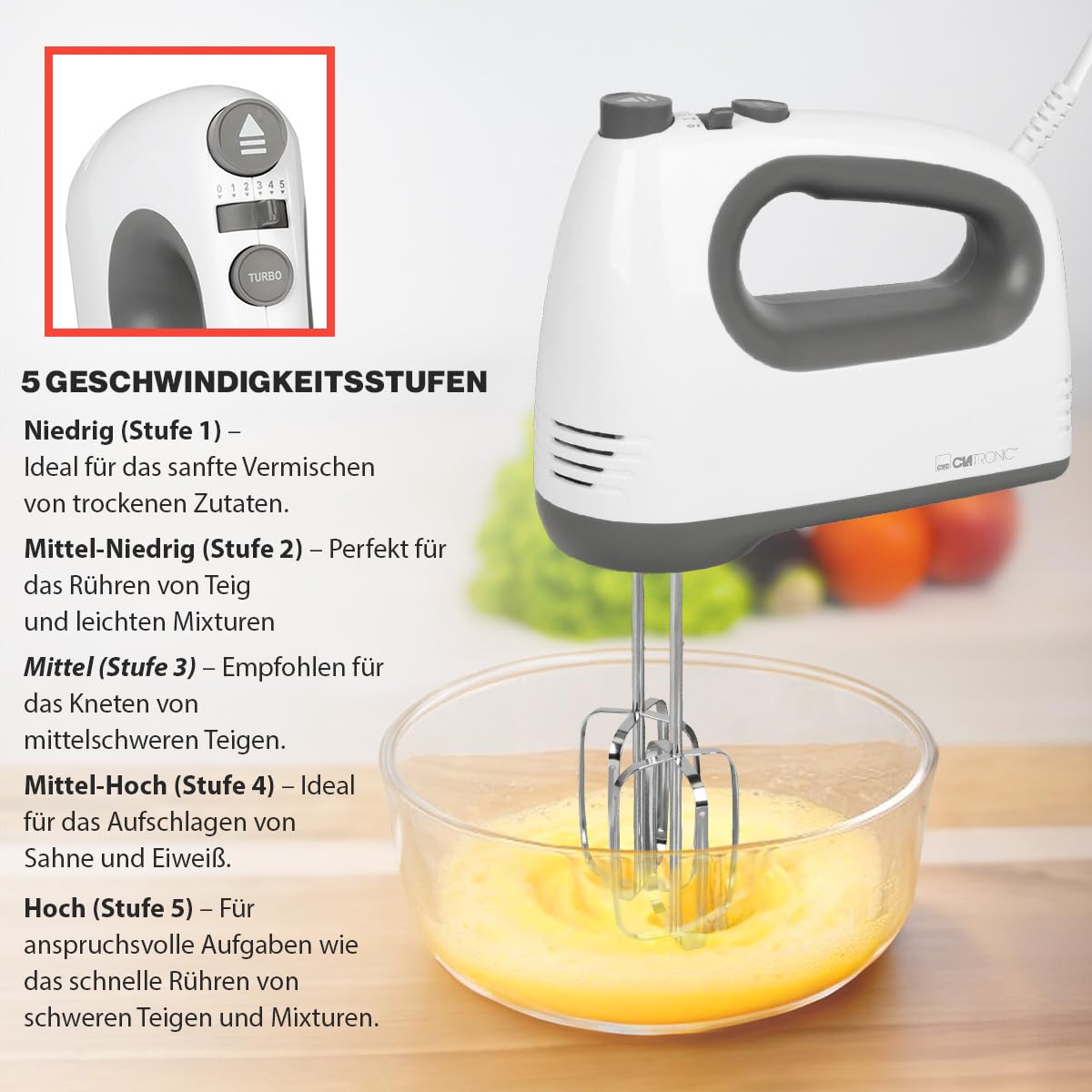 Clatronic Mixer | kraftvoller 400 Watt-Motor | Handmixer | Turbostufe & 5 Geschwindigkeitsstufen | Handrührgerät | spülmaschinengeeignete Edelstahlquirle und -knethaken | HM 3775