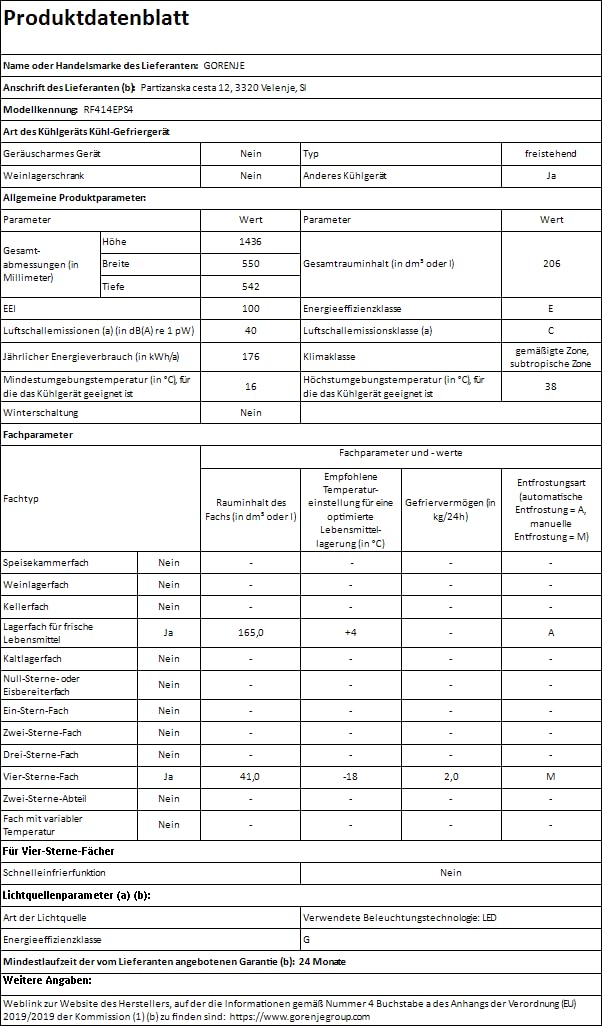 Gorenje RF414EPS4 Doppeltürkühlschrank mit Gefrierteil oben, 165 Liter Kühleil, 41 Liter Gefrierteil, LED Innenbeleuchtung, Energieeffizienzklasse E, 143,6cm x 55cm, silber