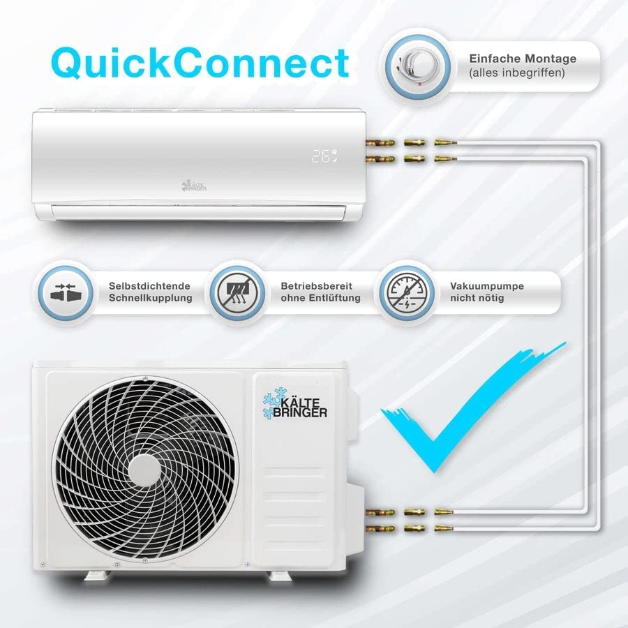 Kältebringer Split Klimaanlage Quick Connect - 12000 BTU - Inverter Klimagerät mit Heizfunktion, WiFi und App - bis 55qm - sehr leise - Komplett Set, 5m Kupferleitung, Kältemittel R32, Montagematerial