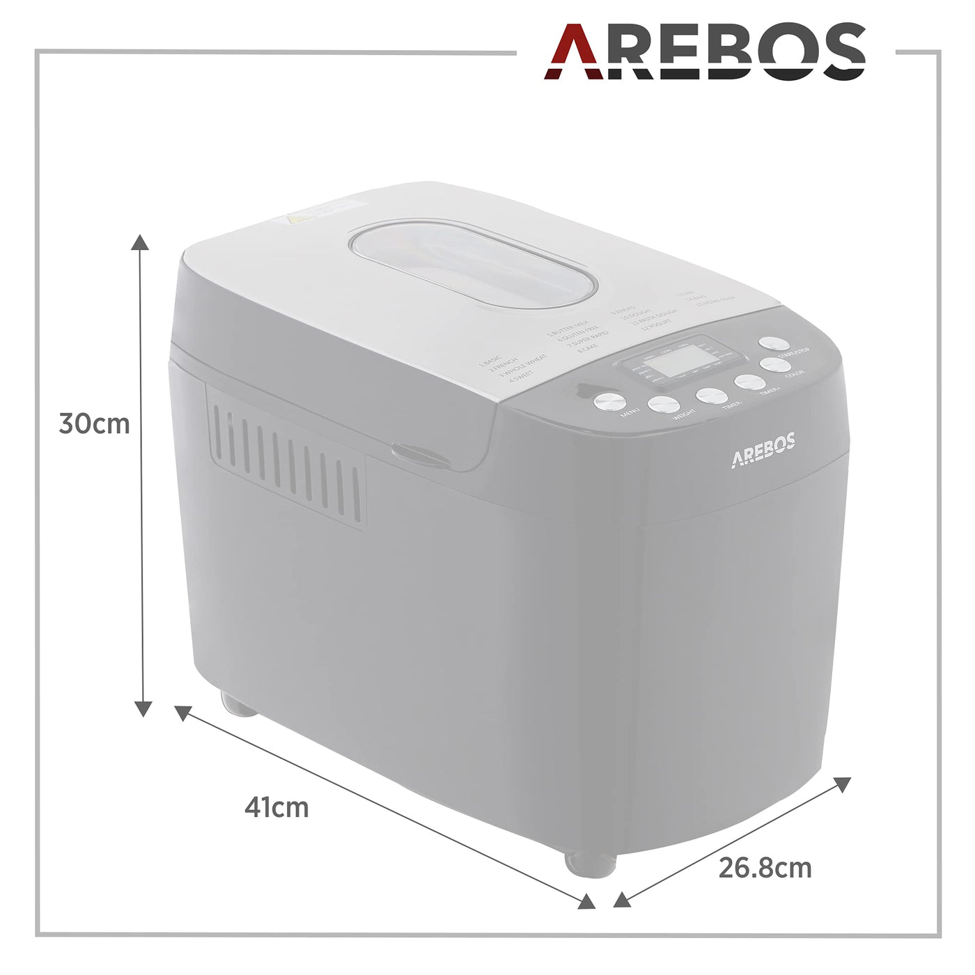 Arebos Brotbackautomat 1500g | mit 15 Programmen | 2 Knethaken | Timer | LCD Display | 3 Bräunungsgrade und Brotgrößen | 850 W | Schwarz