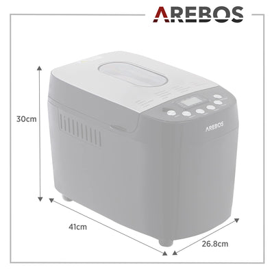 Arebos Brotbackautomat 1500g | mit 15 Programmen | 2 Knethaken | Timer | LCD Display | 3 Bräunungsgrade und Brotgrößen | 850 W | Schwarz