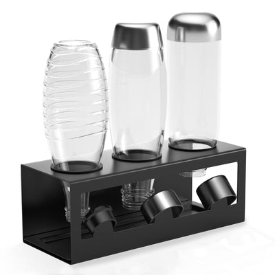 HOMMAND Flaschenhalter für SodaStream Crystal und Emil Flaschen, Edelstahl Flaschenhalter Abtropfgestell Abtropfständer für 3 Flaschen, mit Silikonschutzringe Abtropfschale und Deckelhalter Schwarz