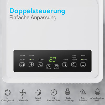 Mobiles Klimagerät, 9000 BTU Klimagerät 2,6kW, Kühlen&Ventilieren&Entfeuchten, Raumgröße bis 85m³(34㎡), Mobile Klimaanlage mit Abluftschlauch mit Nachtmodus/Sperre/Timer/Abluftschlauch