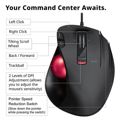 ELECOM EX-G Trackball-Maus, kabelgebunden, Daumensteuerung, ergonomisches Design, 5-Tasten-Funktion mit reibungslosem Tracking, ergonomisches Design, optischer Gaming-Sensor, glatter roter Ball,