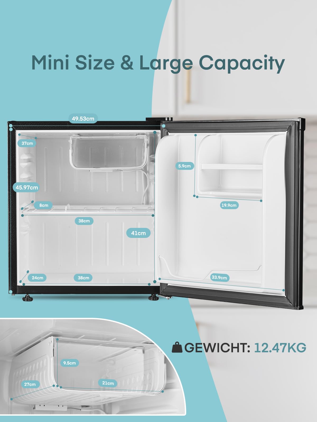 FOHERE Mini Kühlschrank 46L mit Eisfach | Kühlschrank Klein | Temperaturregelung, Energiesparend, Leise | Getränkekühlschrank Ideal für Büro, Camping und Gaming |Wechselbarer Türanschlag | Schwarz