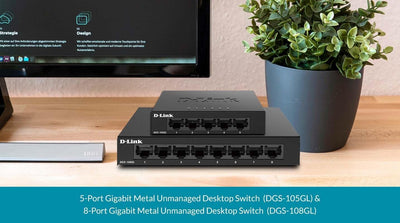 D-Link DGS-108GL 8-Port Unmanaged Gigabit Switch (ohne Lüfter, Low Profile Metallgehäuse, Desktop, Plug-and-Play, QoS, 802.3az EEE), Black