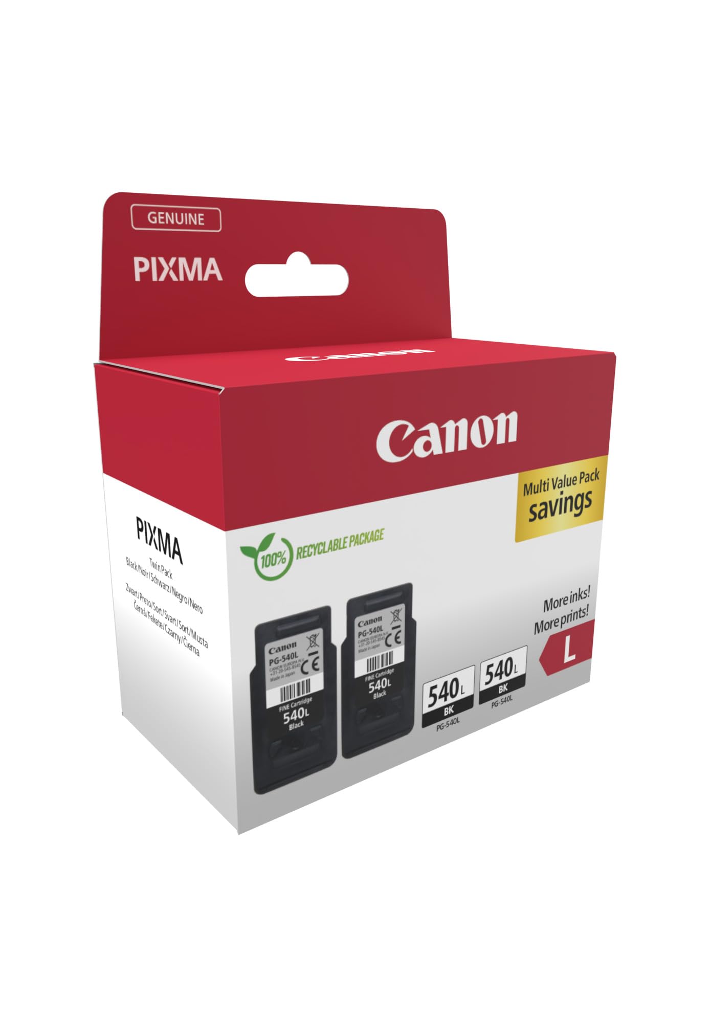 Canon PG-540L (2 x Schwarz) Original-Tintenpatronen mit hoher Reichweite, Doppelpack in recyclebarer Verpackung